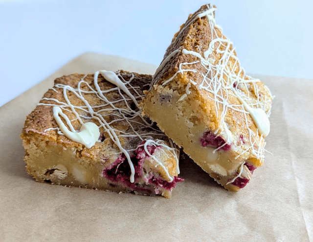 New! White Chocolate, Macadamia & Raspberry Blondies